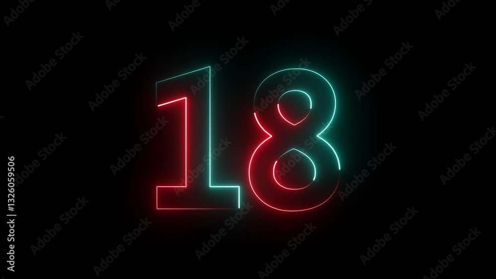 The neon 18 text icon animation features glowing numbers that flicker and pulse with vibrant light. The dynamic effect adds energy, creating an engaging, eye-catching display. The neon 18 text icon animation features glowing numbers that flicker and pulse with vibrant light. The dynamic effect adds energy, creating an engaging, eye-catching display.