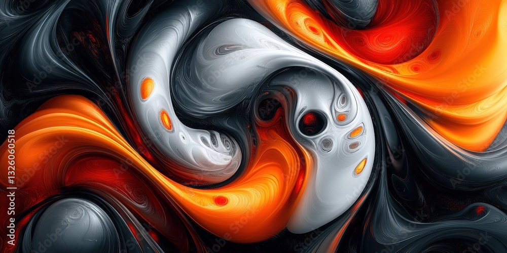 An abstract digital artwork featuring captivating black, white, orange, and gray swirls. The dynamic patterns create a mesmerizing dance of contrasts and fluidity An abstract digital artwork featuring captivating black, white, orange, and gray swirls. The dynamic patterns create a mesmerizing dance of contrasts and fluidity