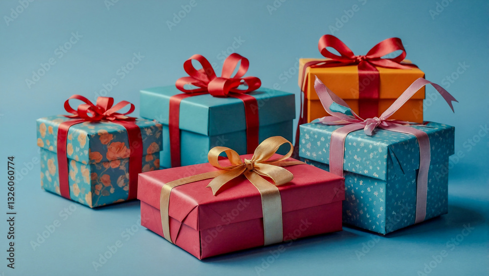 Obraz premium Colorful gift boxes with ribbons on a blue background.