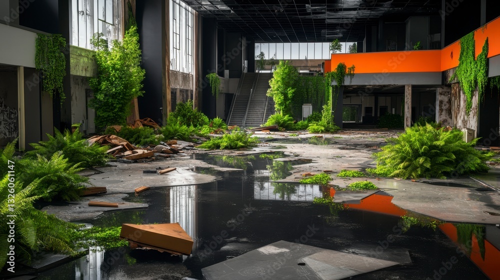 Naklejka premium Abandoned Industrial Space Overgrown with Lush Greenery and Water