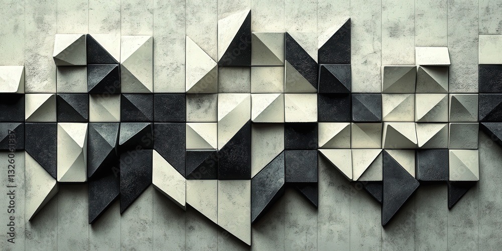 Close-up of a sleek gray concrete wall adorned with symmetrical black-and-white triangles, crafting an eye-catching geometric pattern Close-up of a sleek gray concrete wall adorned with symmetrical black-and-white triangles, crafting an eye-catching geometric pattern