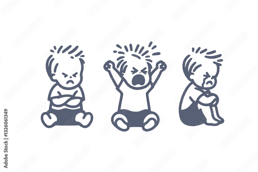 Minimalistic hand-drawn crying toddler sitting on floor Minimalistic hand-drawn crying toddler sitting on floor