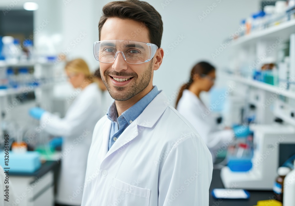 Smiling male scientist in a laboratory wearing safety glasses and a lab coat Smiling male scientist in a laboratory wearing safety glasses and a lab coat