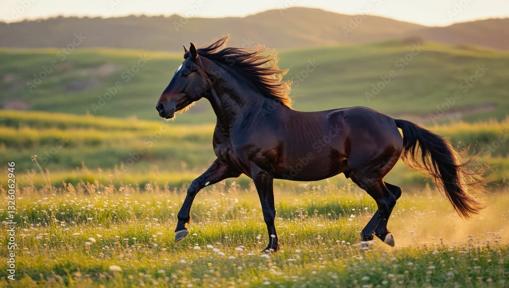 Fototapeta premium A powerful black horse runs freely in a lush green meadow under the warm glow of a setting sun. The scenery features rolling hills and wildflowers, creating a serene atmosphere