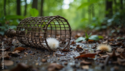 Broken birdcage in lush jungle setting, symbolism of freedom lost