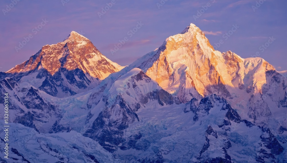 Snow-covered mountains stand tall against a colorful sunset sky, with warm golden rays reflecting off their peaks, creating a breathtaking sight in the Himalayas Snow-covered mountains stand tall against a colorful sunset sky, with warm golden rays reflecting off their peaks, creating a breathtaking sight in the Himalayas