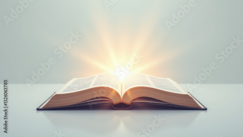 Open Bible with a golden glow around its pages, symbolizing divinity or enlightenment.