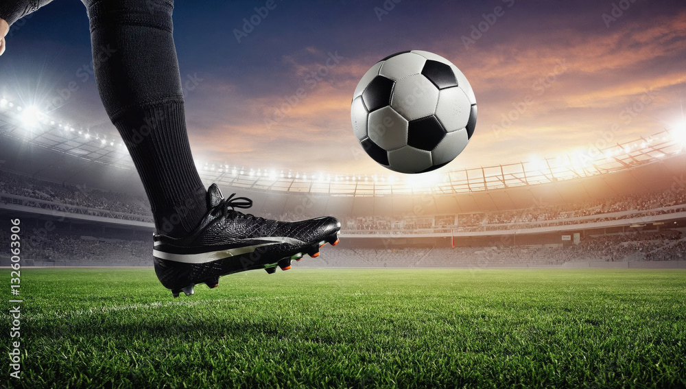 Fototapeta premium A football player powers a soccer ball on a lush green field as the sun sets behind a stadium. The bright lights illuminate the exciting moment of play