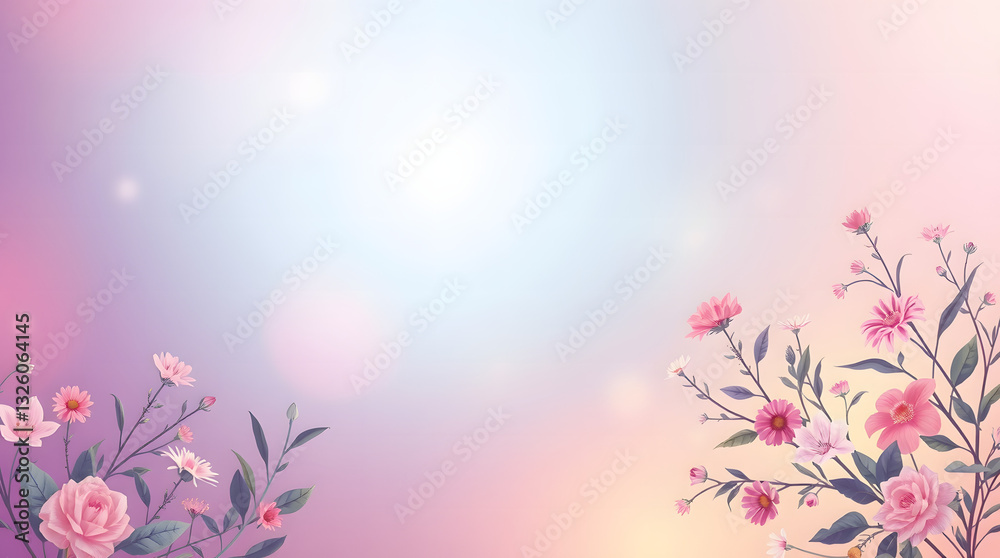Fototapeta premium Blooming Serenity: A delicate arrangement of vibrant pink and purple flowers dances across a dreamy gradient background, creating a serene and captivating visual experience.