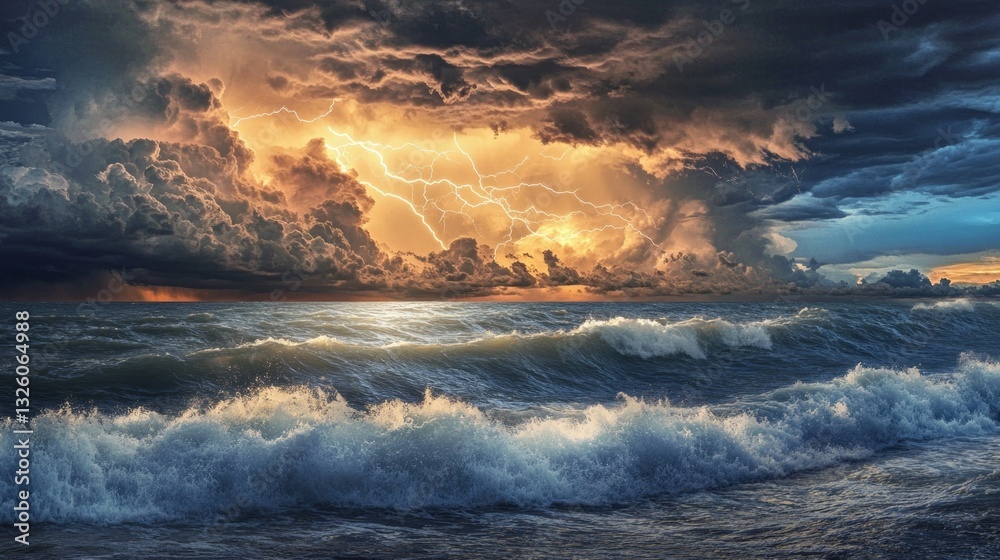 Fototapeta premium Dramatic Thunderstorm Over Ocean Waves at Sunset with Lightning