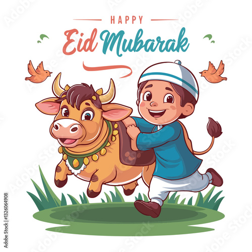 Eid Mubarak Illustration Boy with Sacrificial Cow Eid al-Adha Celebration Art