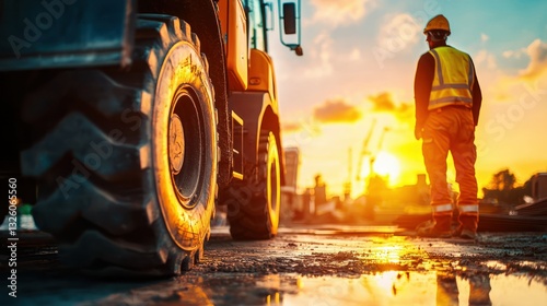 Construction worker at sunset overlooking construction site