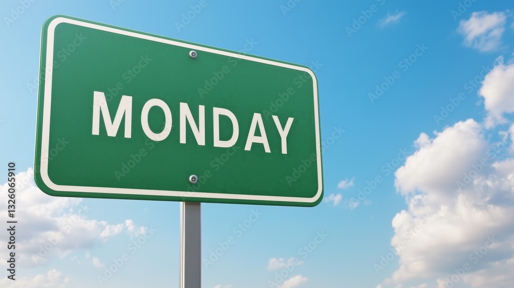 Green highway sign displaying monday against blue sky with clouds Green highway sign displaying monday against blue sky with clouds