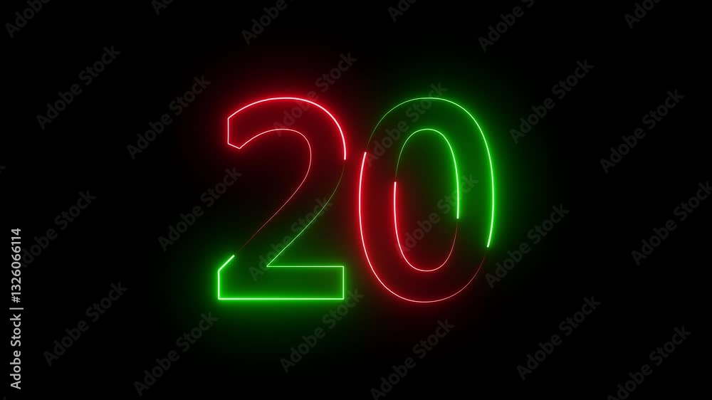 The neon 20 text icon animation displays glowing numbers that smoothly transition between colors and flicker, creating a dynamic, eye-catching effect that enhances visual appeal.