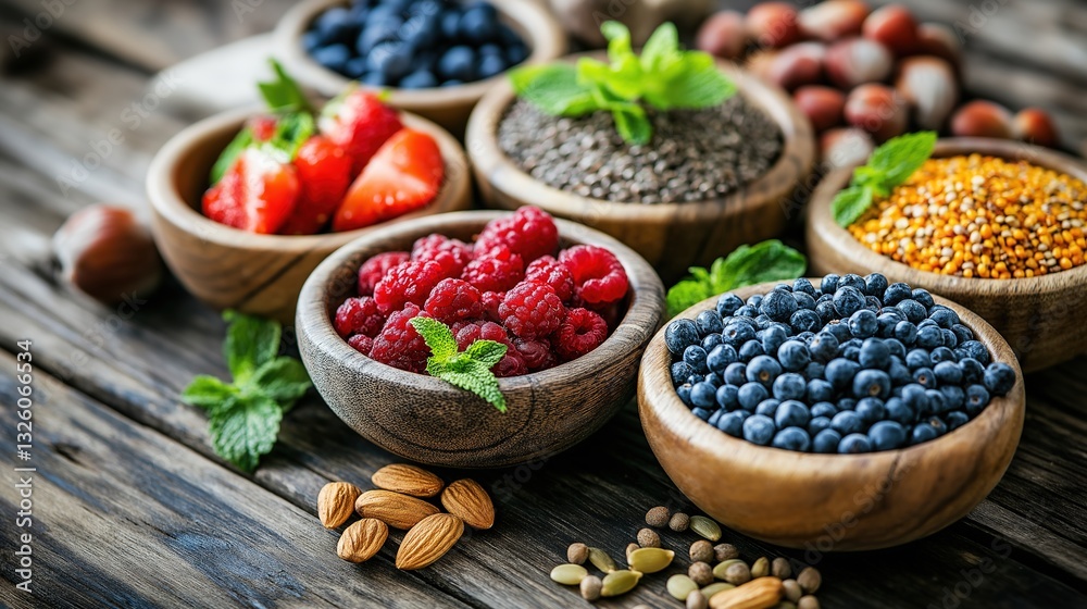 Fototapeta premium Vibrant superfoods, fresh fruits, berries, nuts, and seeds on a rustic table, celebrating natural health and vitality