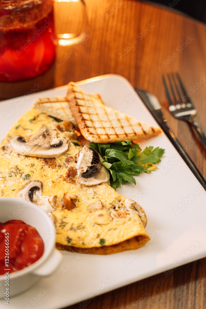 Omelette for breakfast with champignons and sauce. Omelette for breakfast with champignons and sauce.