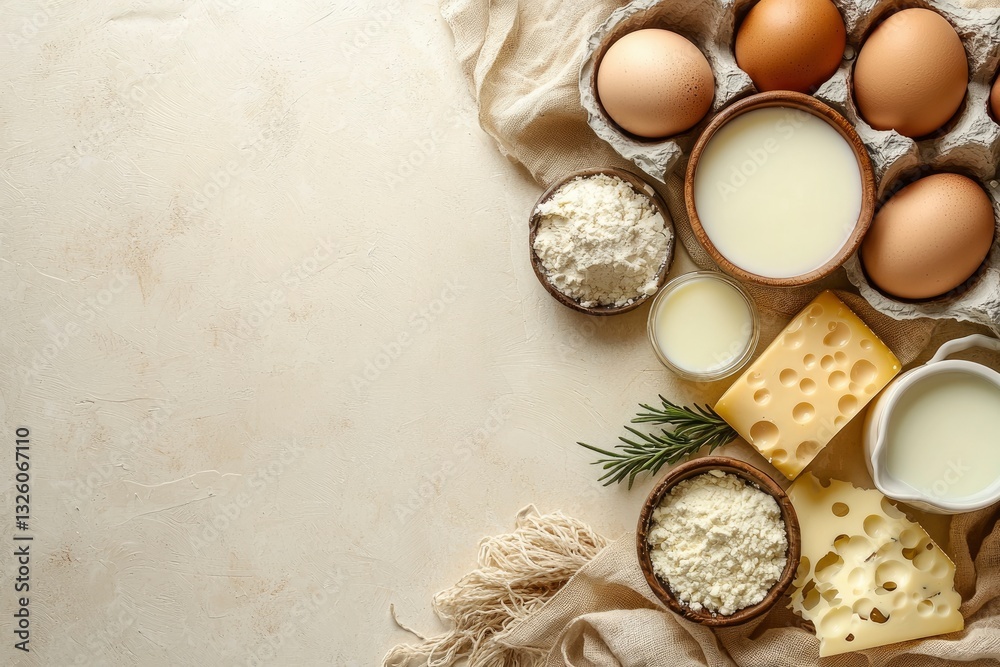 Fototapeta premium Fresh dairy products, including milk, cheese, and eggs, sit on a rustic beige background. Organic ingredients highlight the simplicity of farm life