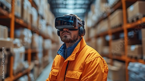 Virtual reality training session warehouse technology industrial environment close-up view innovation