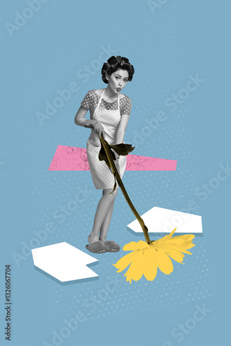 Valokuva Artwork photo collage of happy housemaid girl hold chrysanthemum flower bloom st
