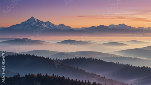 Misty Mountain Landscape with Soft Gradient Sky Wallpaper. High resolution Ai image.
