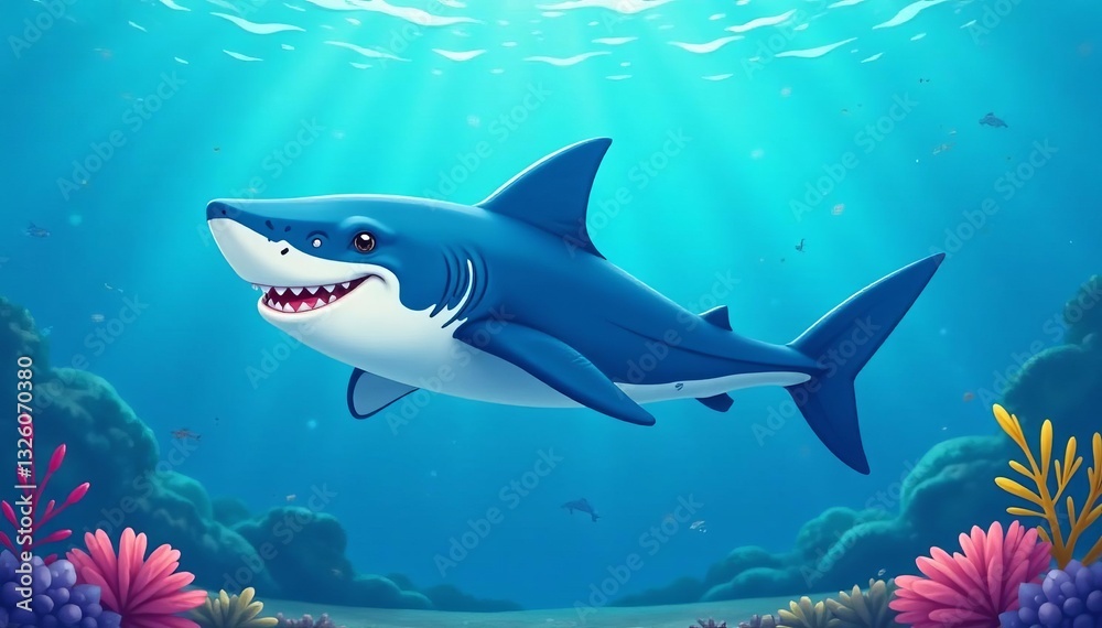Obraz premium Illustration of a cute, smiling whale shark swimming in the ocean, ocean, illustration, wildlife