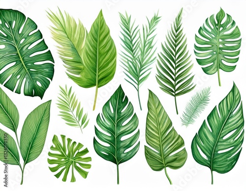 Watercolor Collection of tropical leaves, isolated on white background. palm leaf, jungle clipart. Generated image