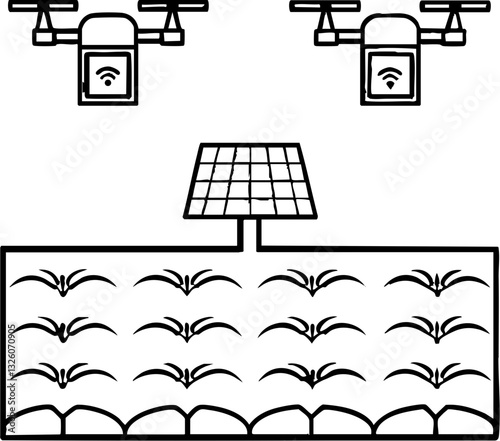 Drone technology in agriculture with solar panel and crops below.