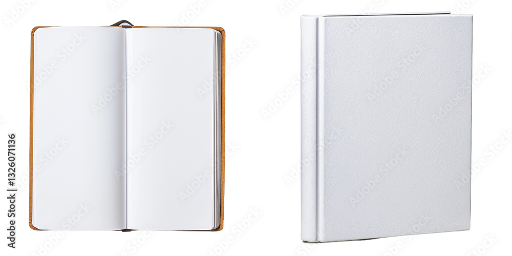 Two blank notebooks are displayed, one open and one closed, showcasing their simple design and clean pages.
