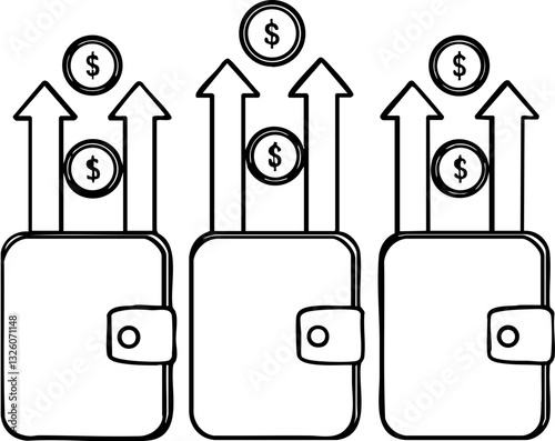 Illustration of wallets with upward arrows and coins, symbolizing financial growth.