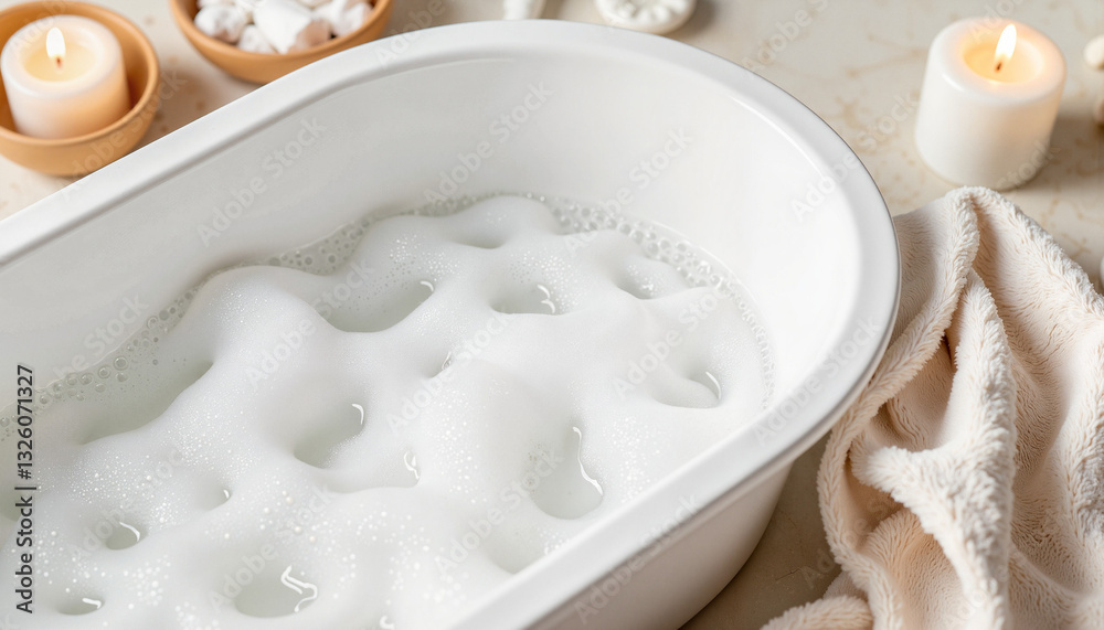 Gentle baby bath foam creating delicate bubbles in serene environment, relaxation Gentle baby bath foam creating delicate bubbles in serene environment, relaxation