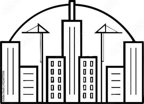 City skyline illustration with tall buildings and cranes under an arched structure.