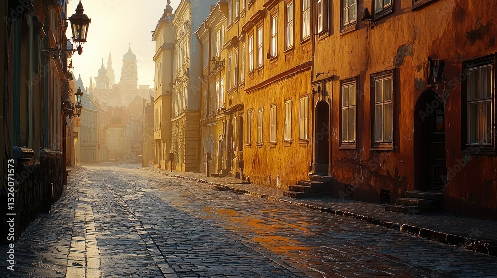 Obraz premium European city street at sunrise, cobblestone alleyway, historic buildings, misty background