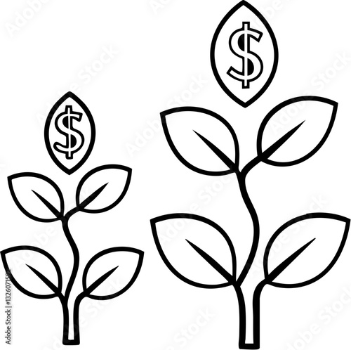 Symbols of growth and finance depicted through plants with dollar signs as leaves.