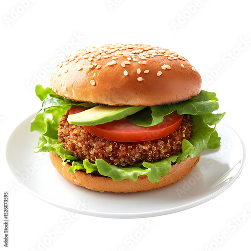 Healthy vegetarian burger made with a quinoa patty in a plate isolated on transparent white background, clipping path, pen tool.
