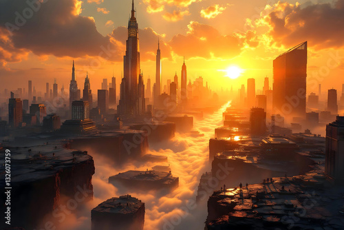 Ville futuriste au coucher du soleil avec une atmosphère apocalyptique