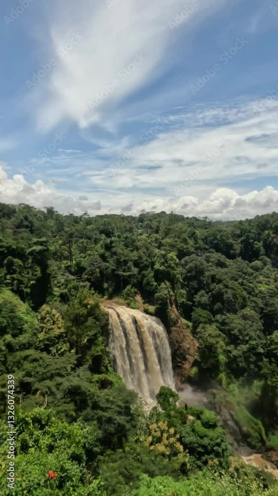 Vertical View of a waterfall that divides a tropical forest. Waterfall with murky brown water. Natural vegetation of a tropical rainforest that looks green. Ecological and environmental concept. 4K Vertical View of a waterfall that divides a tropical forest. Waterfall with murky brown water. Natural vegetation of a tropical rainforest that looks green. Ecological and environmental concept. 4K
