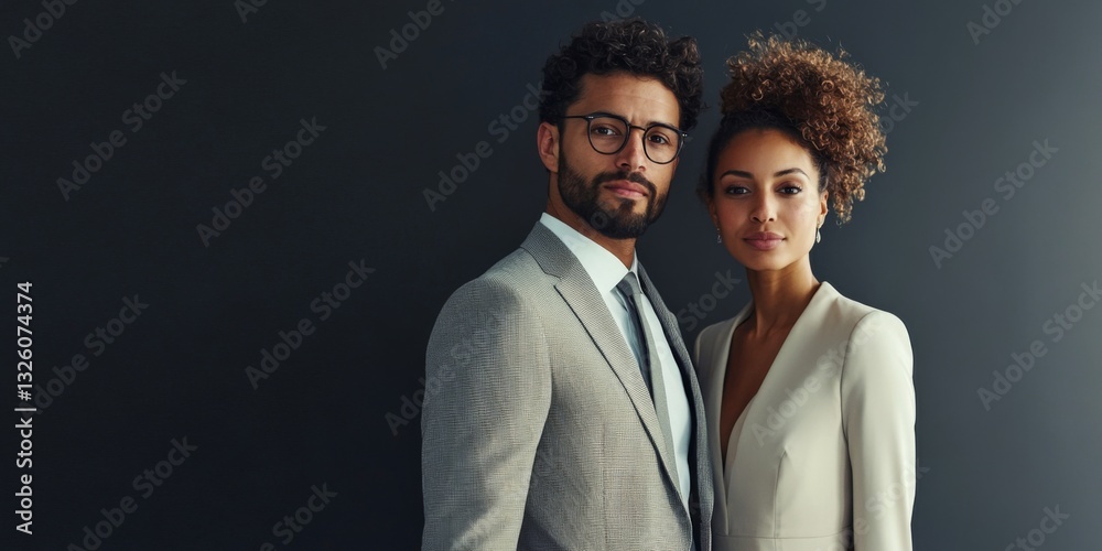 A stylish couple poses confidently in formal attire. The man wears a light gray suit with glasses, while the woman showcases a chic beige outfit. Their sophisticated look is perfect for business A stylish couple poses confidently in formal attire. The man wears a light gray suit with glasses, while the woman showcases a chic beige outfit. Their sophisticated look is perfect for business
