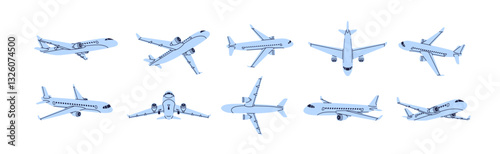 Airplane set. Aircraft from different views, top, side, front and bottom angles, positions, fly maneuvers. Passenger plane, transport in air, flight, landing, taking off. Flat vector illustration