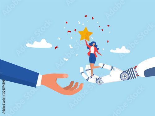 businesswoman standing on big hand robot getting star reward.best performance, cheering or honor on success or achievement concept, winning confidence vector