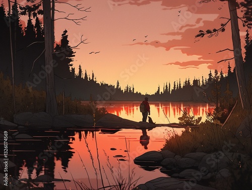 Sunset over a Swedish forest lake with warm orange hues blending with dark pine silhouettes, a lone hiker journaling on a smooth granite slab by the water's edge