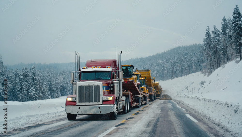 A convoy of large trucks navigates a snowy road in a mountainous area. The vehicles are carrying construction equipment amidst tall pine trees dusted with snow A convoy of large trucks navigates a snowy road in a mountainous area. The vehicles are carrying construction equipment amidst tall pine trees dusted with snow