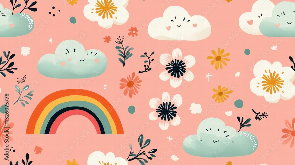 Seamless pattern with Bright cloud and flower pattern with rainbow Seamless pattern with Bright cloud and flower pattern with rainbow