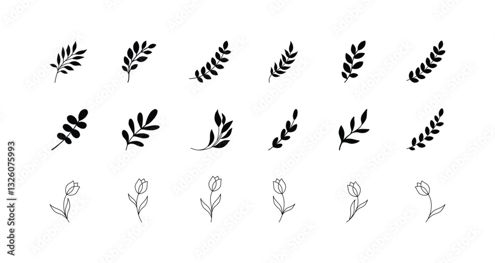 Simple summer, spring branches with leaves. Botanical elements. Floral branch set. Minimalist black silhouette. Flower logo design element. Elegant twig decoration set. Plant icons. Hand drawn black l