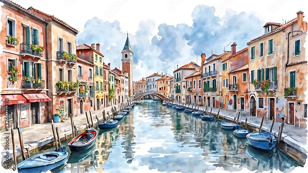 Obraz premium Watercolor Canal Scene: Boats, Buildings, and Bridges