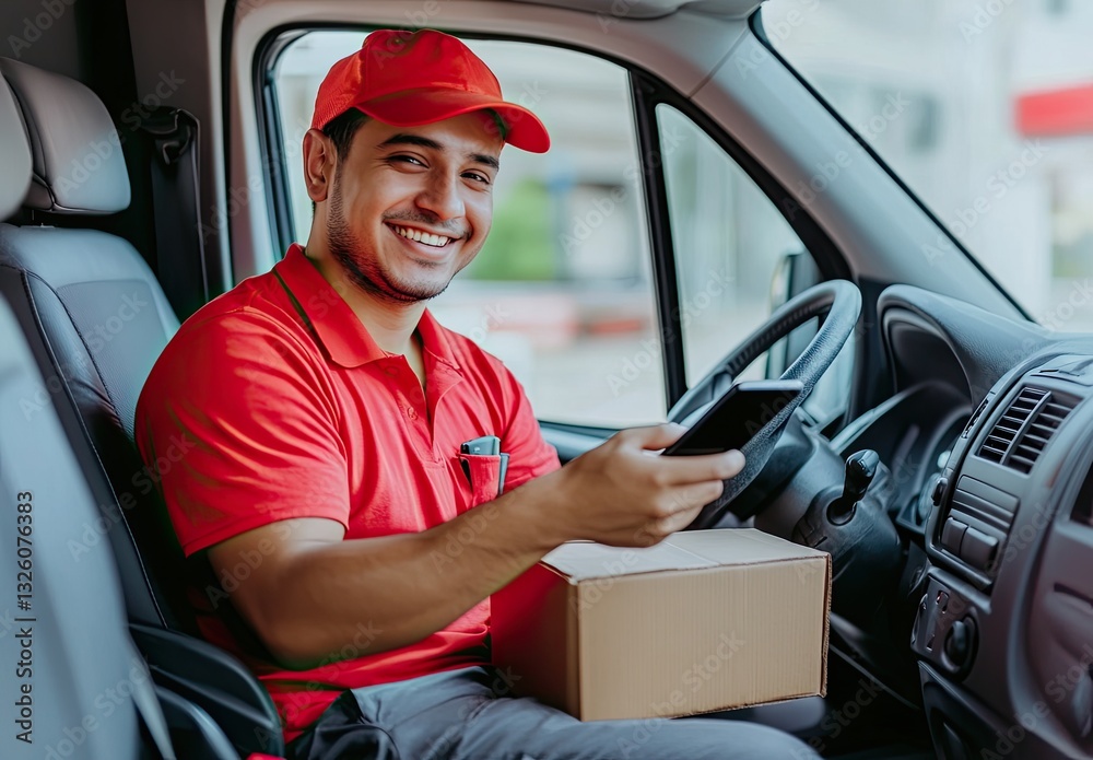 A smiling delivery person in a red shirt and cap is sitting in the driver's seat of their van, looking at a smartphone screen while holding a cardboard box next to them A smiling delivery person in a red shirt and cap is sitting in the driver's seat of their van, looking at a smartphone screen while holding a cardboard box next to them