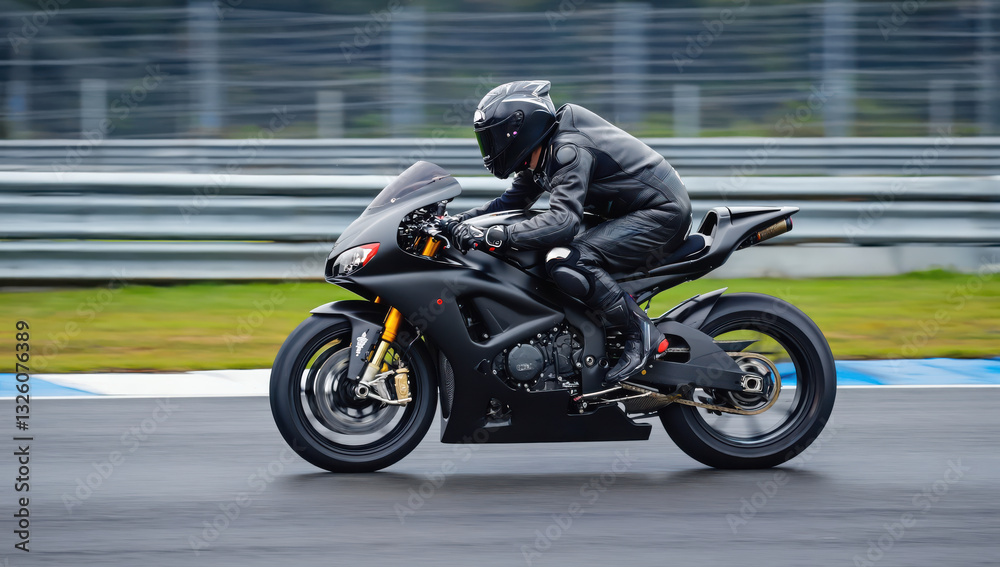 A motorcycle rider dressed in all black leather navigates a racetrack with intense focus on a cloudy day. The rider leans into a turn, showcasing skill and precision A motorcycle rider dressed in all black leather navigates a racetrack with intense focus on a cloudy day. The rider leans into a turn, showcasing skill and precision