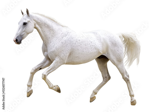 Elegant white horse running gracefully in isolation on a clean background, showcasing beauty and power in motion