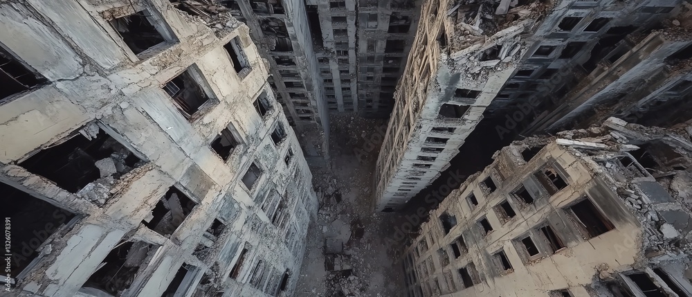 Obraz premium Worms-eye view, towering dystopian buildings loom overhead, shadows cast by crumbling concrete, drone capturing eerie realism