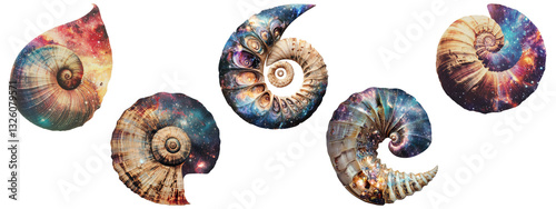 Set of cosmic galaxy-inspired seashells isolated on transparent background