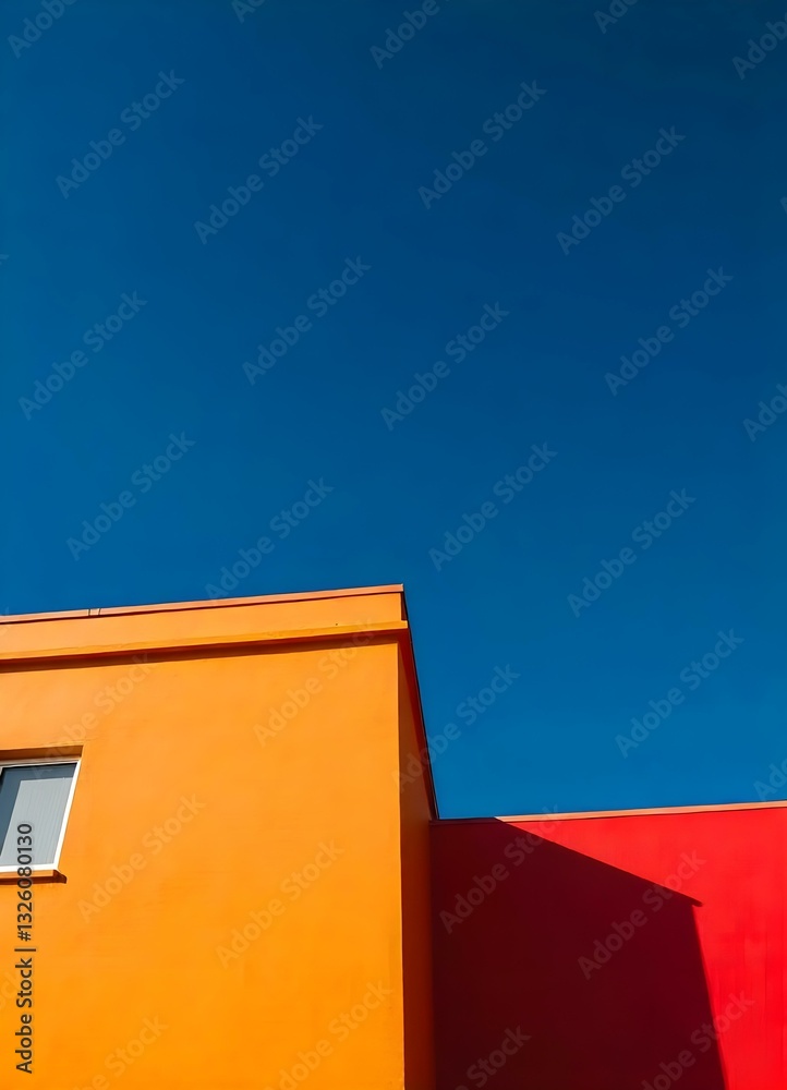 A minimalist architectural photograph of a vibrant building facade under a deep blue sky. The bold, contrasting colors are sharply divided by clean lines, while a shadow slices diagonally A minimalist architectural photograph of a vibrant building facade under a deep blue sky. The bold, contrasting colors are sharply divided by clean lines, while a shadow slices diagonally